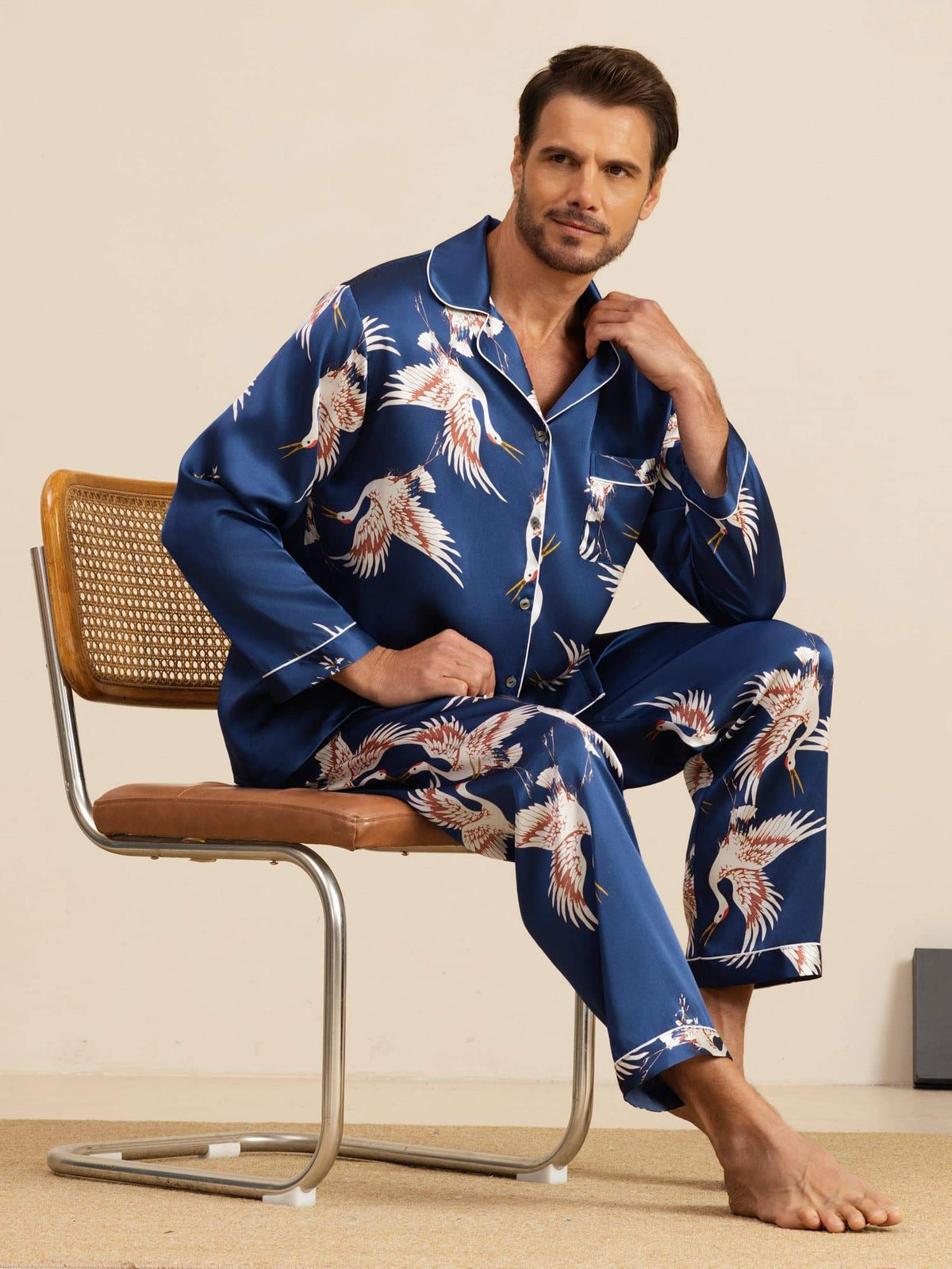 [Mørkeblå] SilkSilky-DK Long Sleeve Lapel Collar Pyjamas til Mænd 001