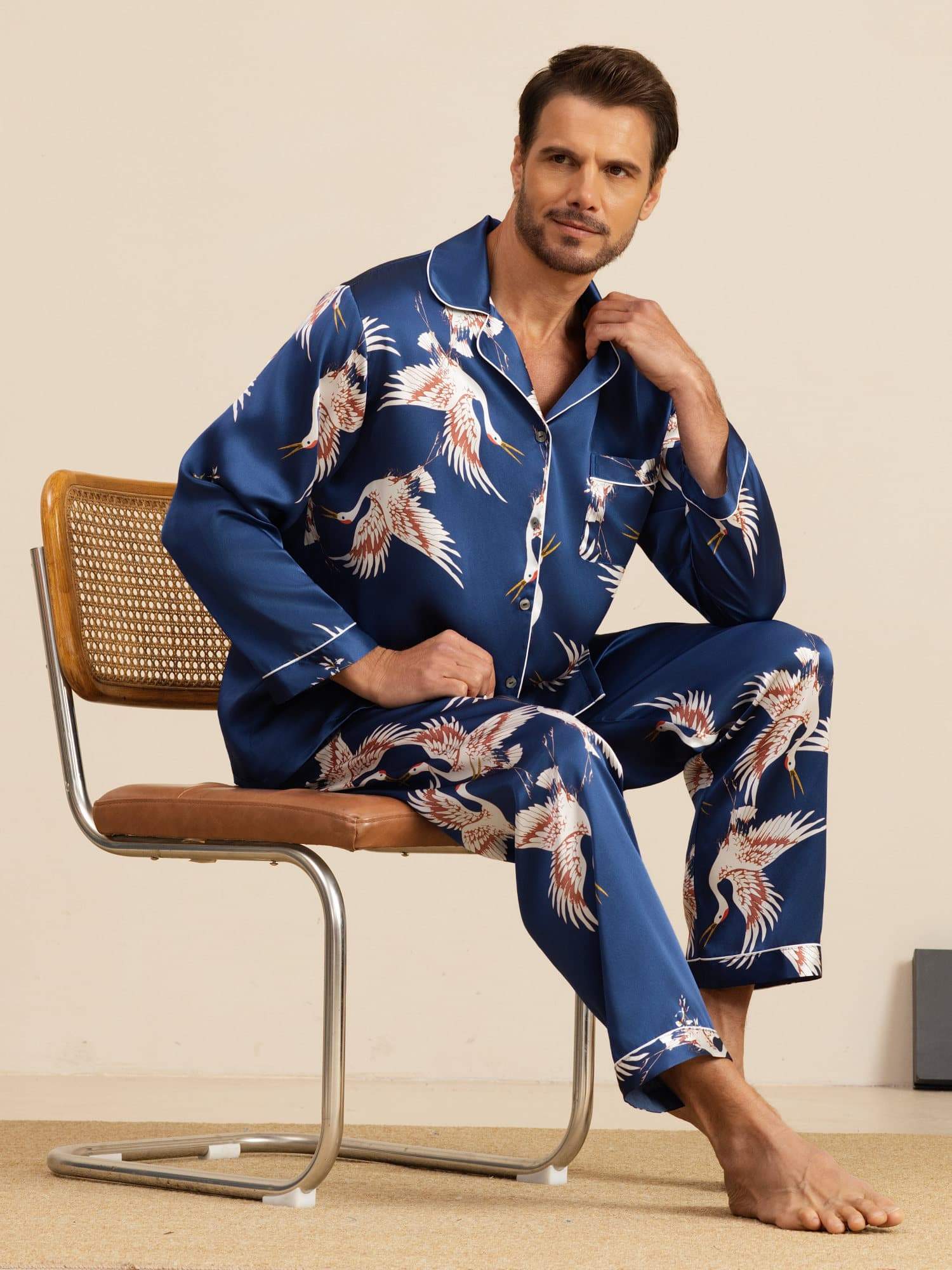 [Mørkeblå] SilkSilky-DK Long Sleeve Notch Collar Pyjamas til Mænd 001