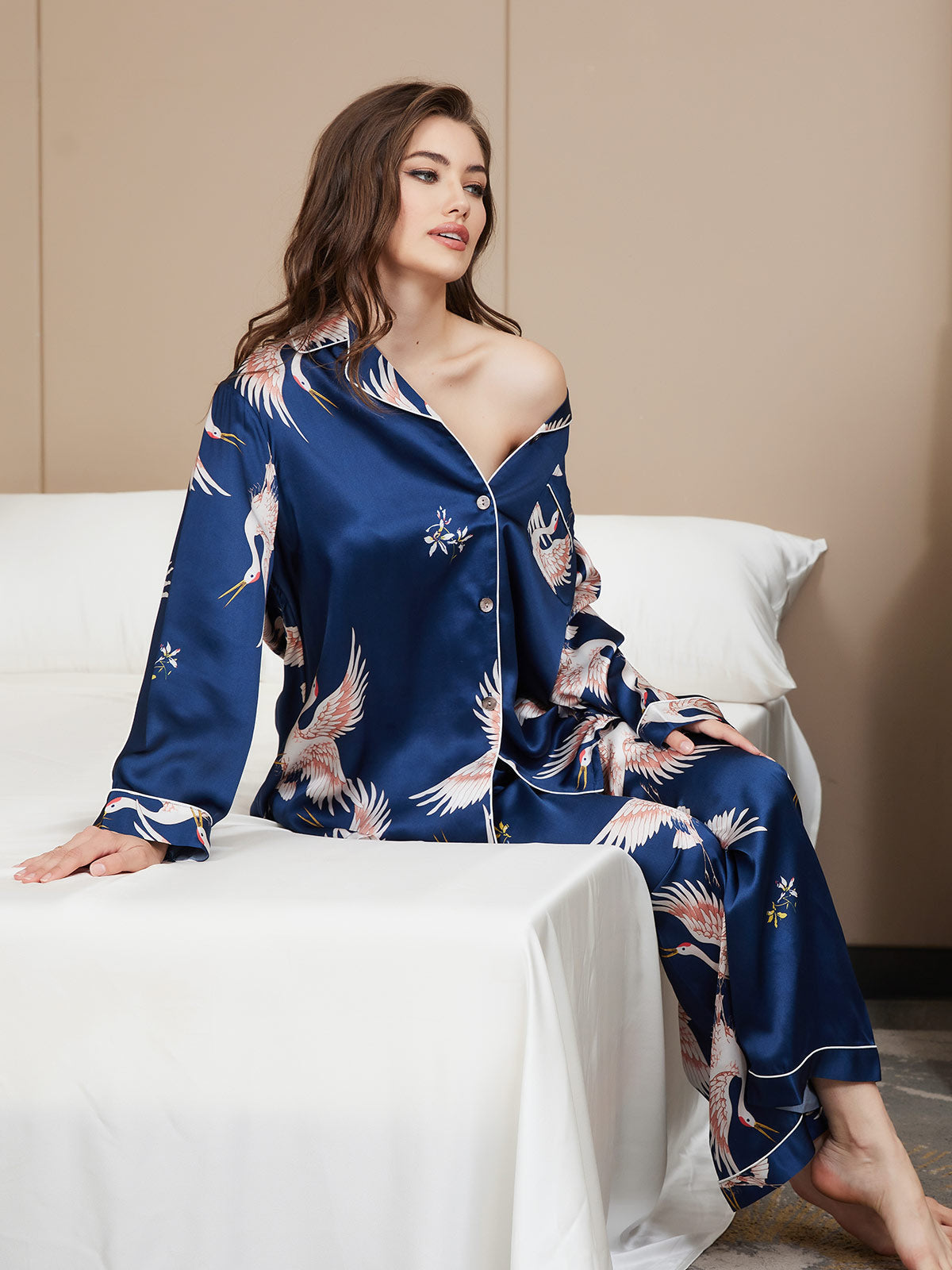 [Mørkeblå] SilkSilky-DK Long Sleeve Lapel Collar Dame Pyjamas 002