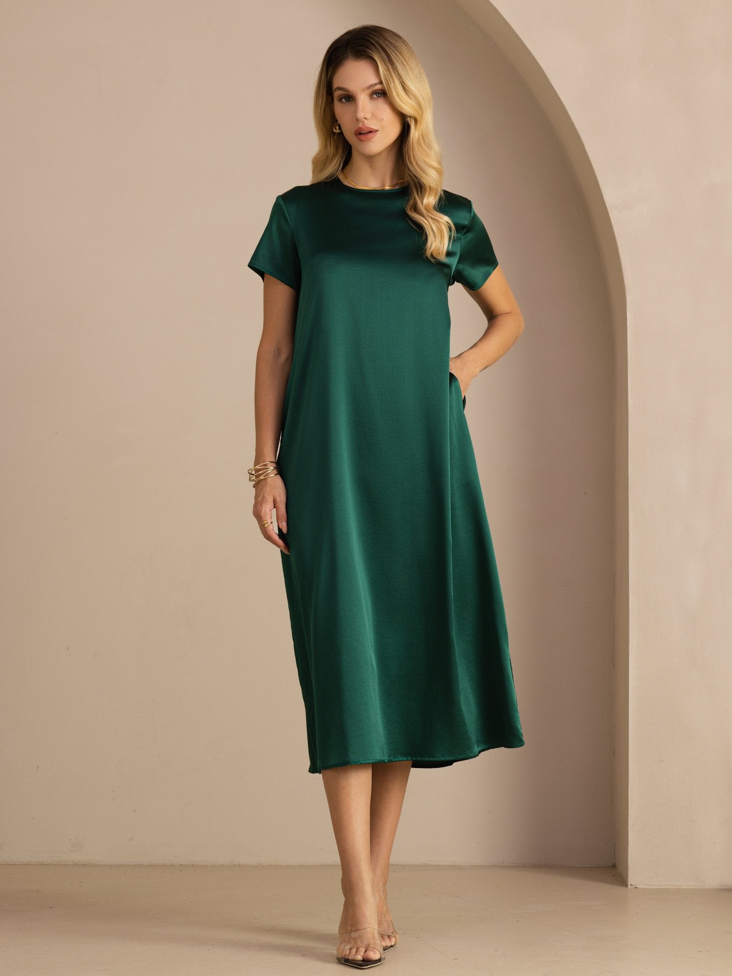 [Mørkegrøn] SilkSilky-DK Short Sleeve Round Neck Kjole 001