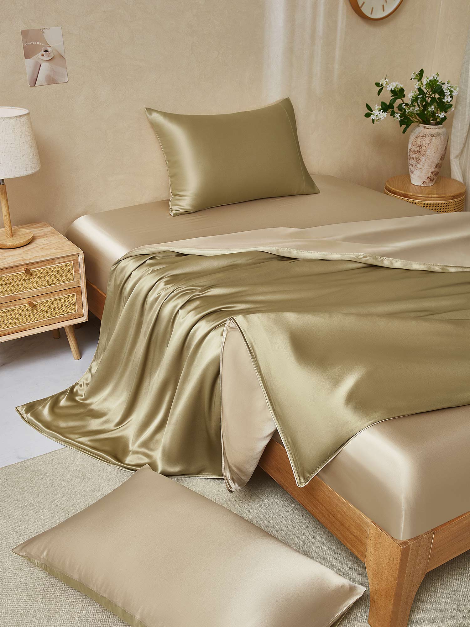 [Beige+Kaki] SilkSilky-DK 19Momme Bedding Set 001,