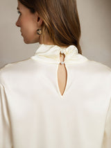 [Elfenben] SilkSilky-DK Long Sleeve Keyhole Neck Damebluser 006