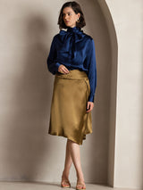 [Mørkeblå] SilkSilky-DK Long Sleeve High Neck Bluse 005