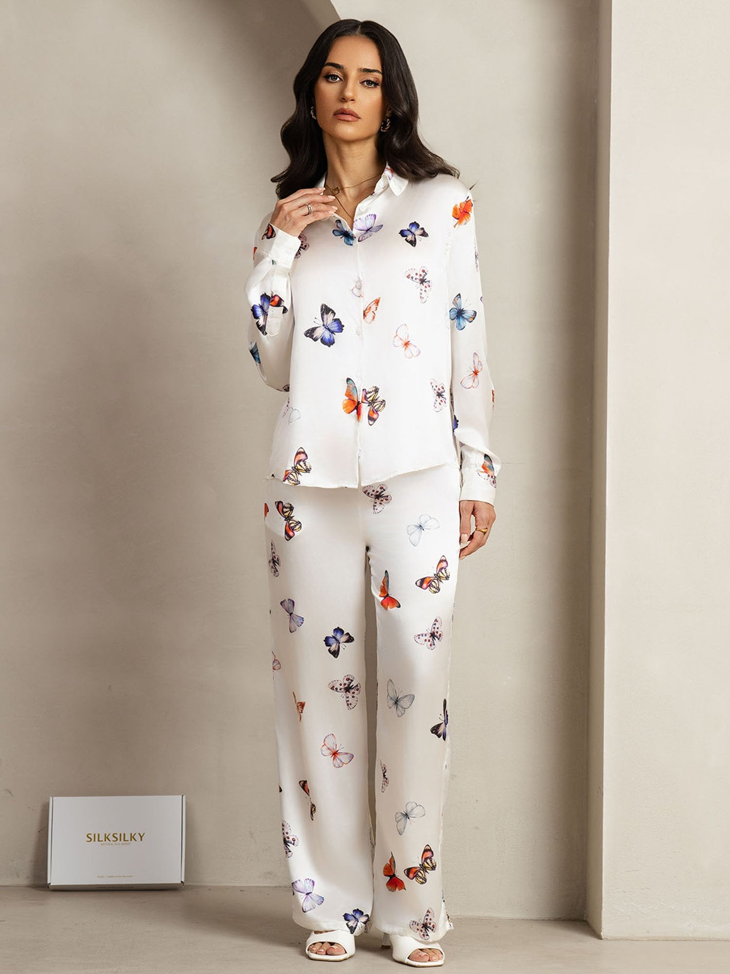 [HvidSommerfugl] SilkSilky-DK 19Momme Silke Lapel Collar Women''s Outfit Sets 001