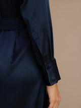 [Mørkeblå] SilkSilky-DK Long Sleeve Lapel Collar Kjole 004