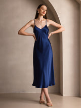 [Mørkeblå] SilkSilky-DK Sleeveless V Neck Kjole 004