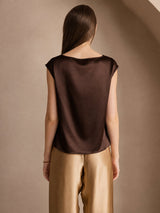 [Mørk Chokolade] SilkSilky-DK Cap Sleeve Cowl Neck T-shirt til kvinder 002