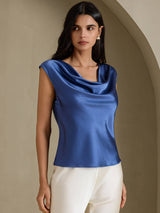 [Ægte Petrol] SilkSilky-DK Cap Sleeve Cowl Neck T-shirt til kvinder 005