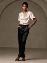 [Beige] SilkSilky-DK Short Sleeve Cowl Neck Damebluser 005