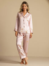 [Lyserød] SilkSilky-DK 19Momme Langærmet Notchkrage Dame Pyjamas 003
