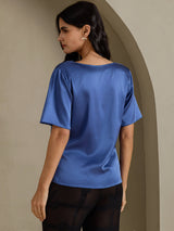 [Ægte Petrol] SilkSilky-DK Short Sleeve Cowl Neck Damebluser 002