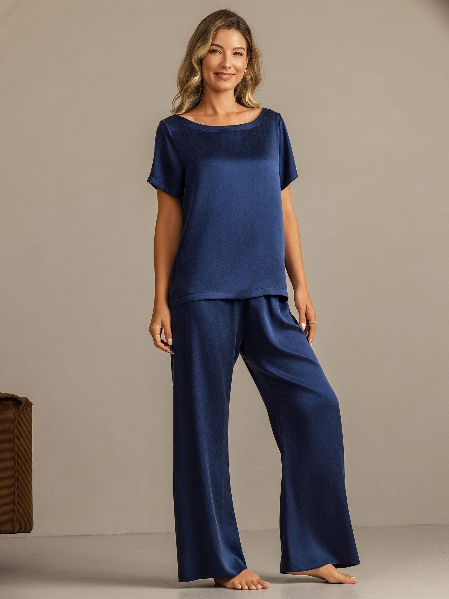 [Mørkeblå] SilkSilky-DK 19Momme Silke Womens Pajamas 001