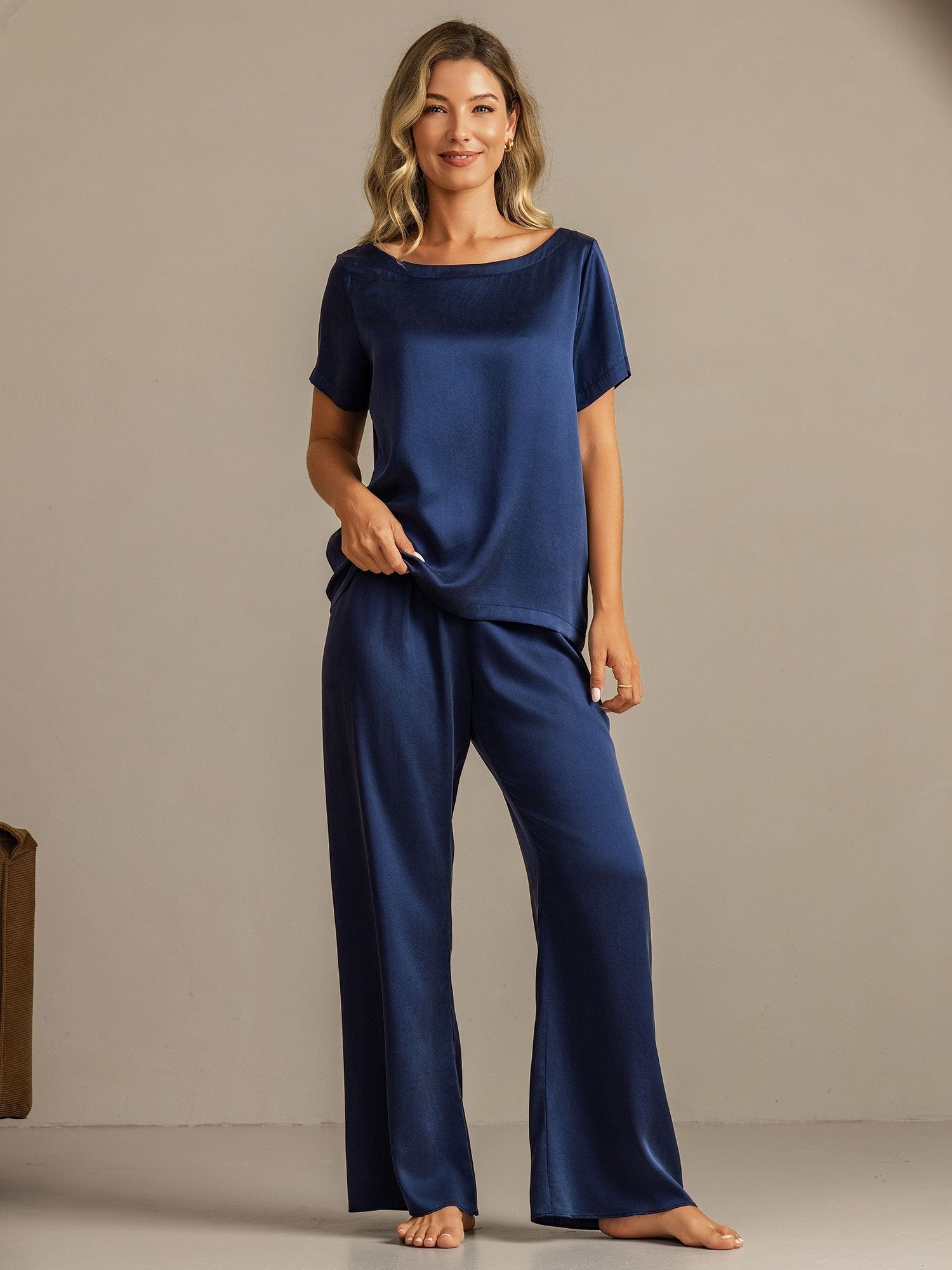 [Mørkeblå] SilkSilky-DK 19Momme Silke Womens Pajamas 004