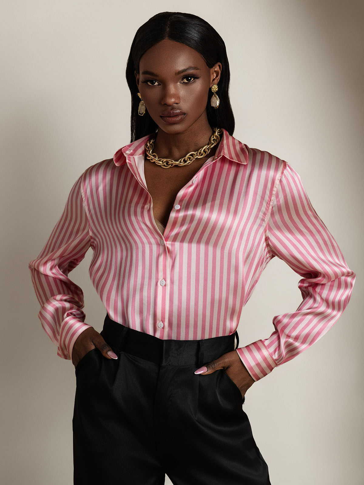 [Lyserød] SilkSilky-DK Silke Lapel Collar Dameskjorte 003