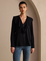 [Sort] SilkSilky-DK Long Sleeve Deep V Neck Damebluser 003