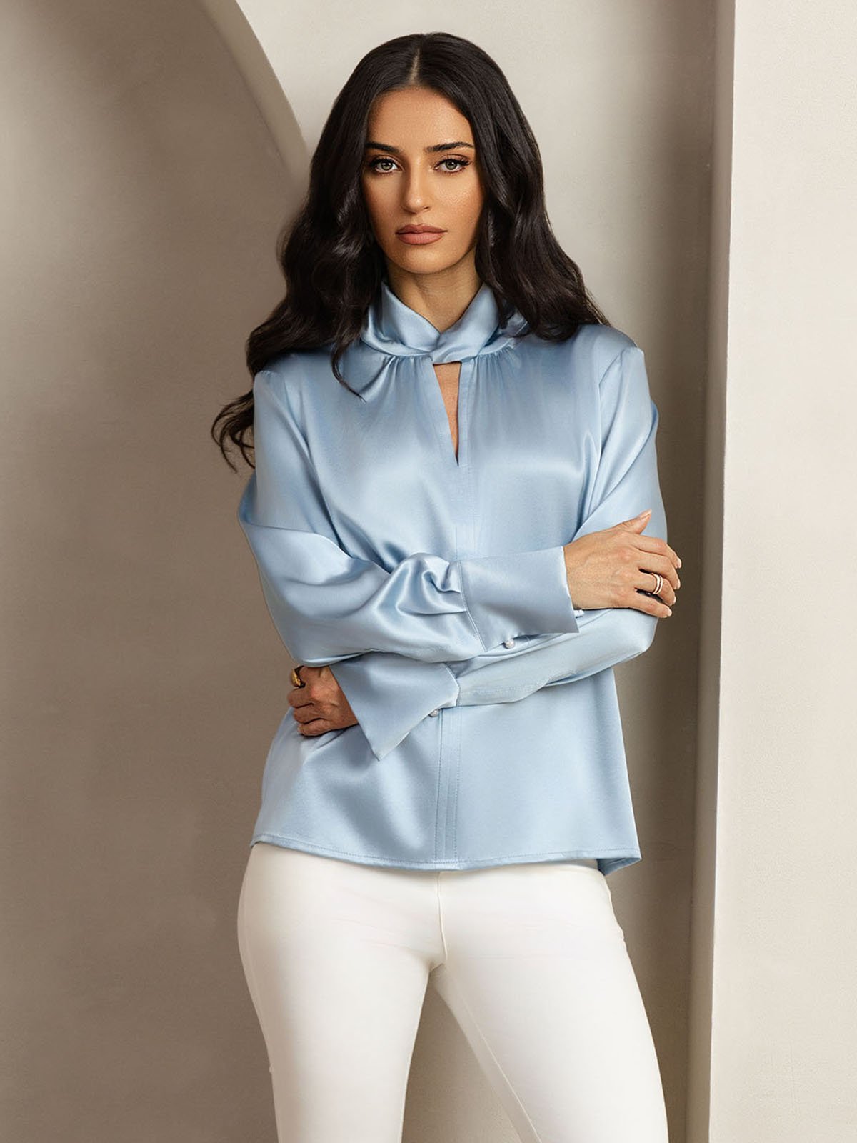 [Gråblå] SilkSilky-DK 19Momme Silke Womens Shirt 006