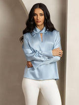 [Gråblå] SilkSilky-DK Long Sleeve Keyhole Neck Damebluser 006