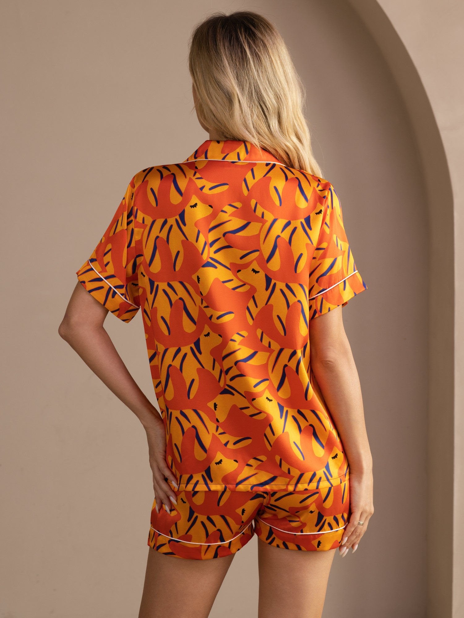 [Orange Ræv] SilkSilky-DK Short Sleeve Lapel Collar Dame Pyjamas 002