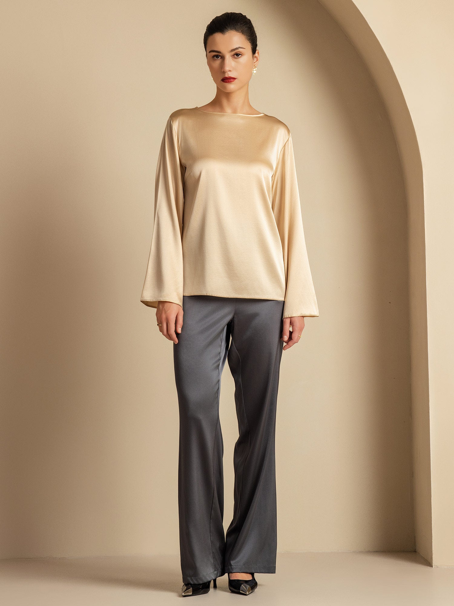 [Champagne] SilkSilky-DK 19Momme Silke Womens T-Shirt 009