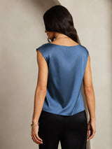 [Ægte Petrol] SilkSilky-DK Cap Sleeve Cowl Neck T-shirt til kvinder 002
