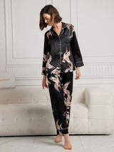 [Sort] SilkSilky-DK 19Momme Langærmet Notchkrage Dame Pyjamas 004