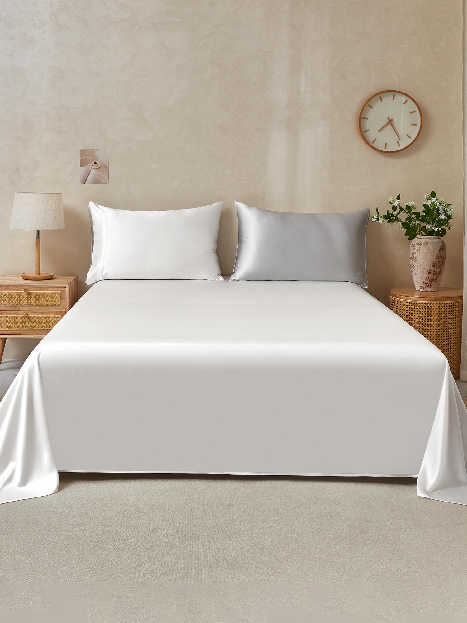 [Lysegrå+Hvid] SilkSilky-DK 22Momme Bedding Set 001,
