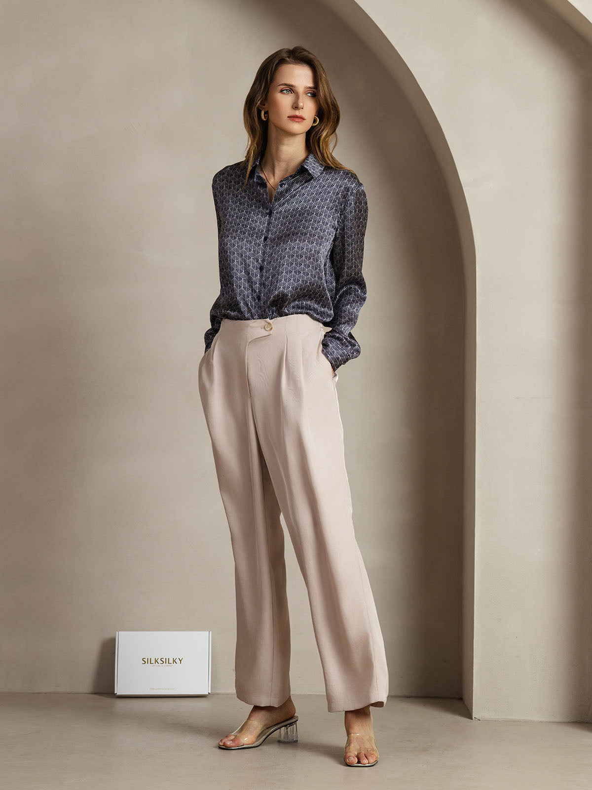 [Marine Ginkgo] SilkSilky-DK Silke Lapel Collar Dameskjorte 003