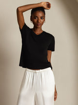 [Sort] SilkSilky-DK Short Sleeve V Neck T-shirt til kvinder 005