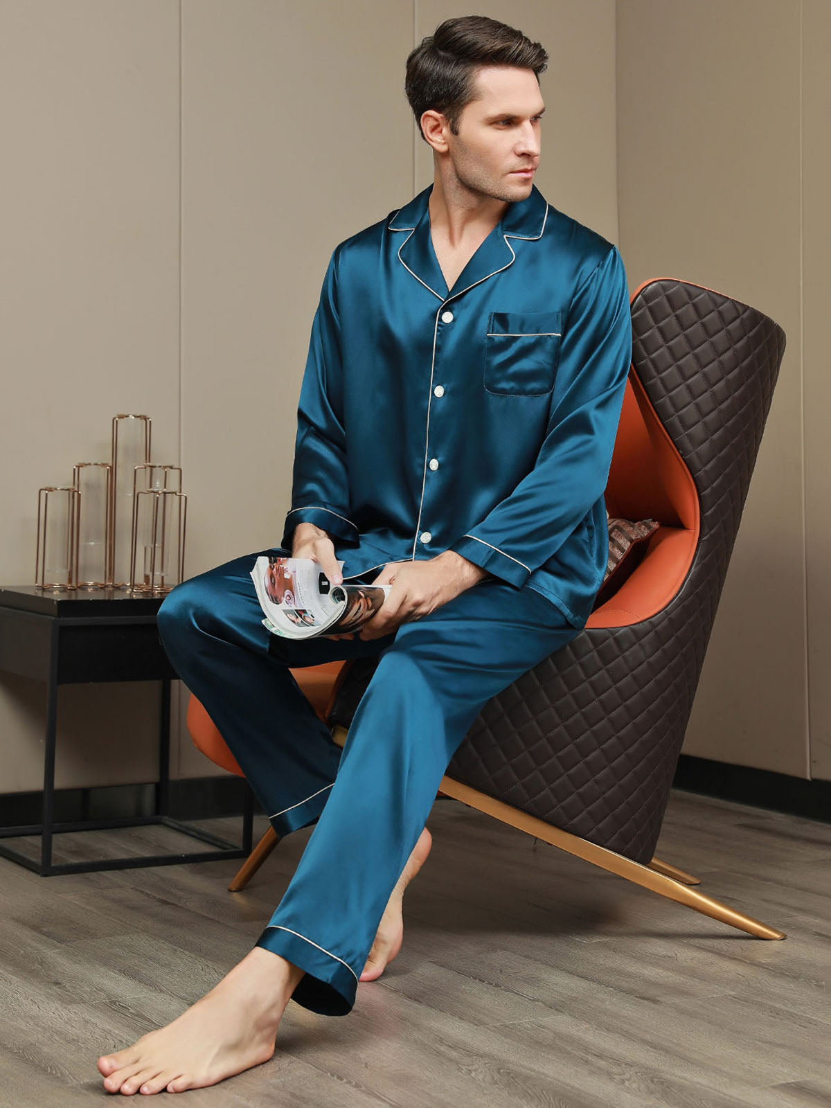 [Blågrøn] SilkSilky-DK 19Momme Mens Pajamas 007