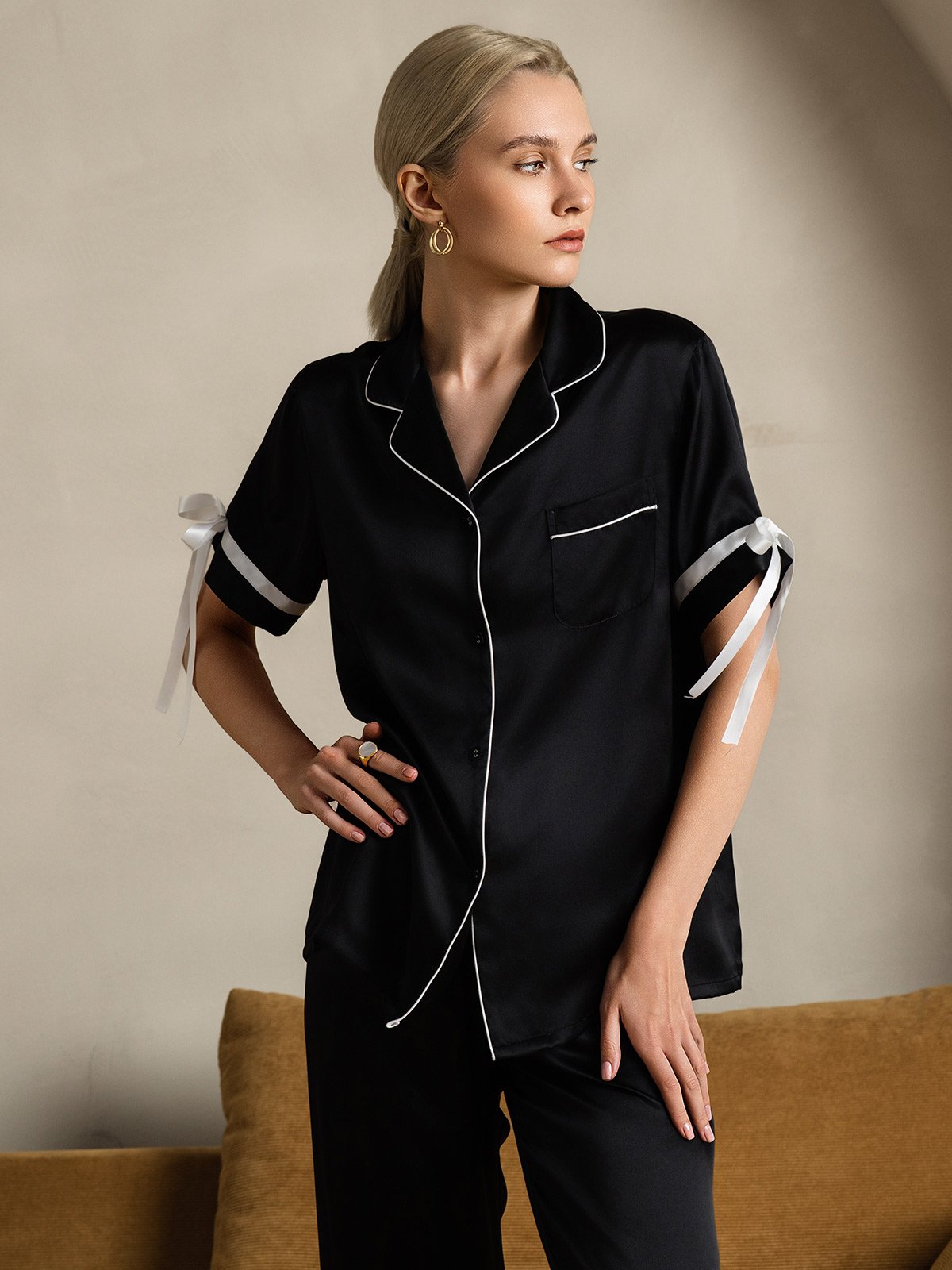 [Sort] SilkSilky-DK Silke Short Sleeve Revers Dame Pyjamas 008