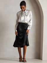 [Lysegrå] SilkSilky-DK Long Sleeve Tie Neck Damebluser 007