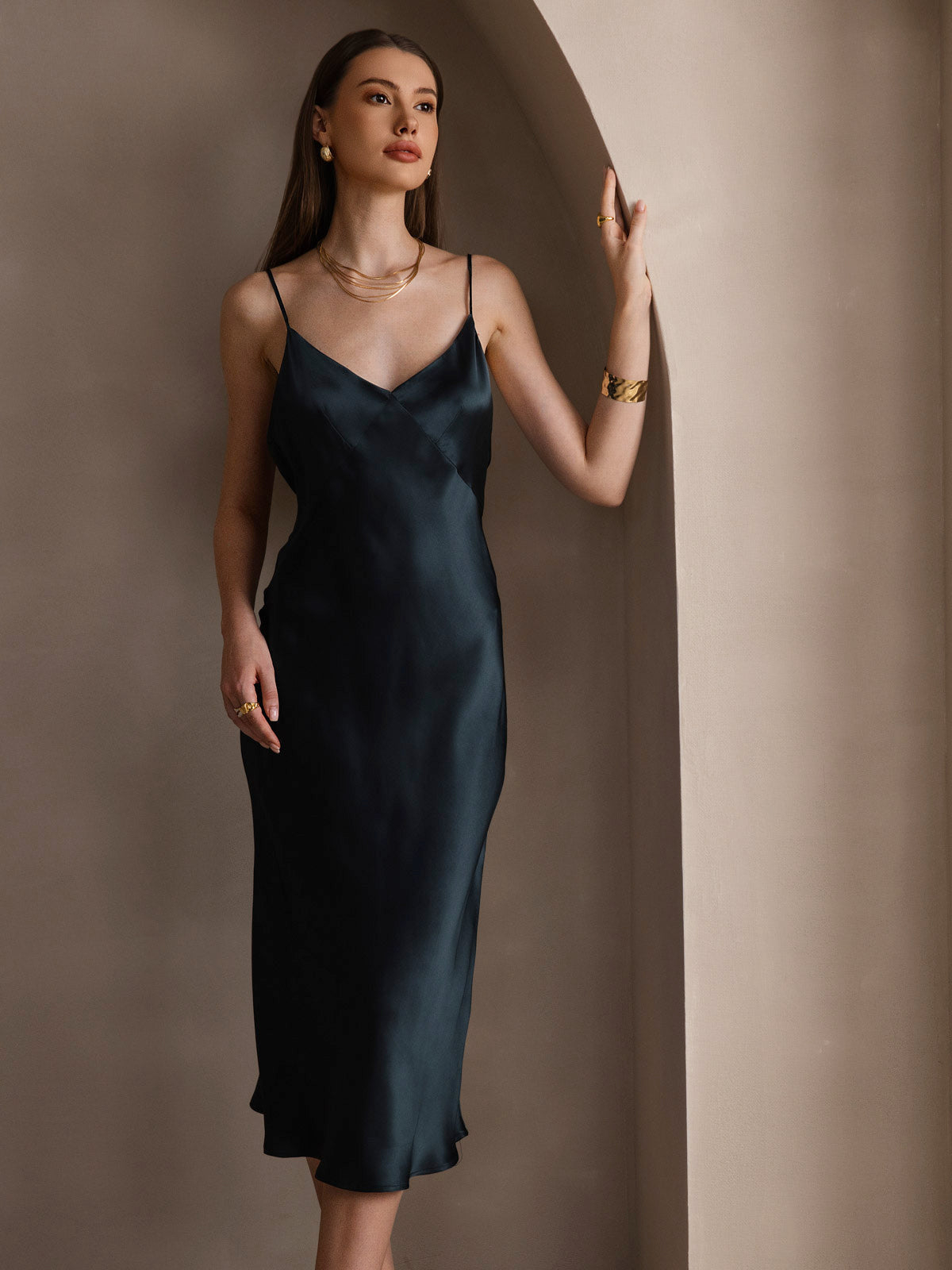 [Mørkegrøn] SilkSilky-DK 19Momme Dress 005