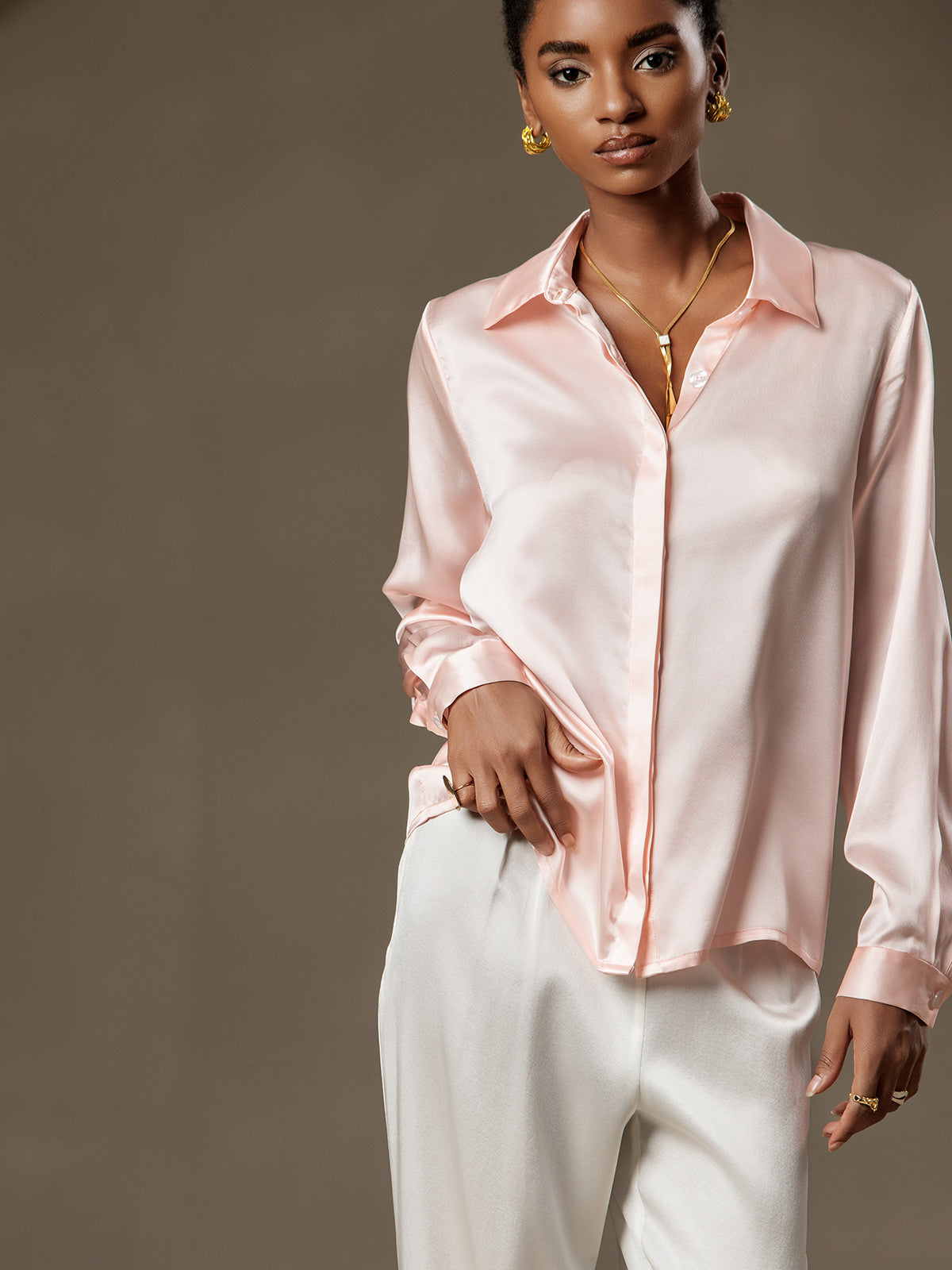 [Lyserød] SilkSilky-DK 19Momme Silke Womens Shirt 003