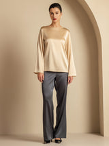 [Champagne] SilkSilky-DK Long Sleeve Boat Neck Bluse 007
