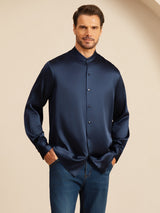 [Mørkeblå] SilkSilky-DK Long Sleeve Stand Collar Herreskjorte 004