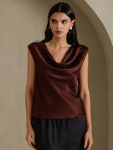 [Mørk Chokolade] SilkSilky-DK Cap Sleeve Cowl Neck T-shirt til kvinder 003
