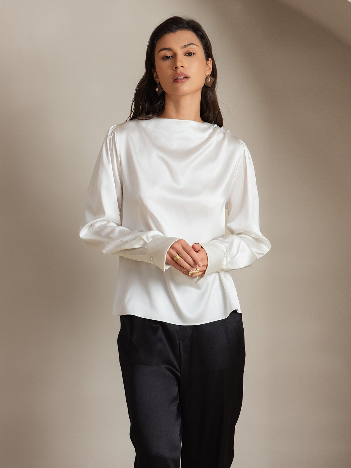 [Hvid] SilkSilky-DK 19Momme Silke Womens Shirt 005