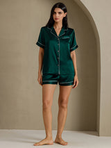 [Mørkegrøn] SilkSilky-DK Short Sleeve Lapel Collar Dame Pyjamas 007