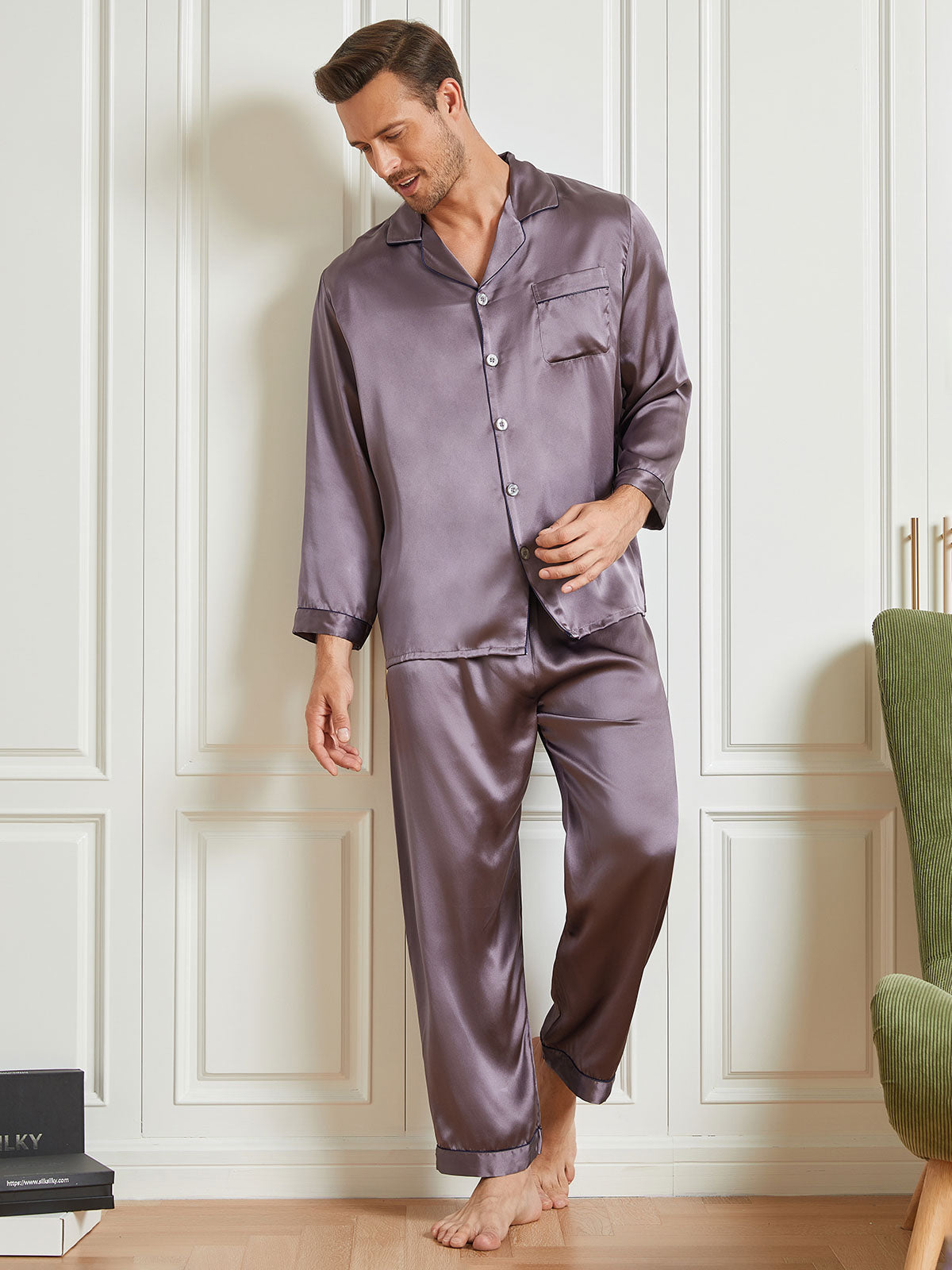 [Lilla Grå] SilkSilky-DK 19Momme Mens Pajamas 004