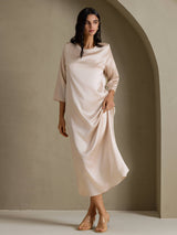 [Beige] SilkSilky-DK 3/4 Sleeve Round Neck Kjole 005