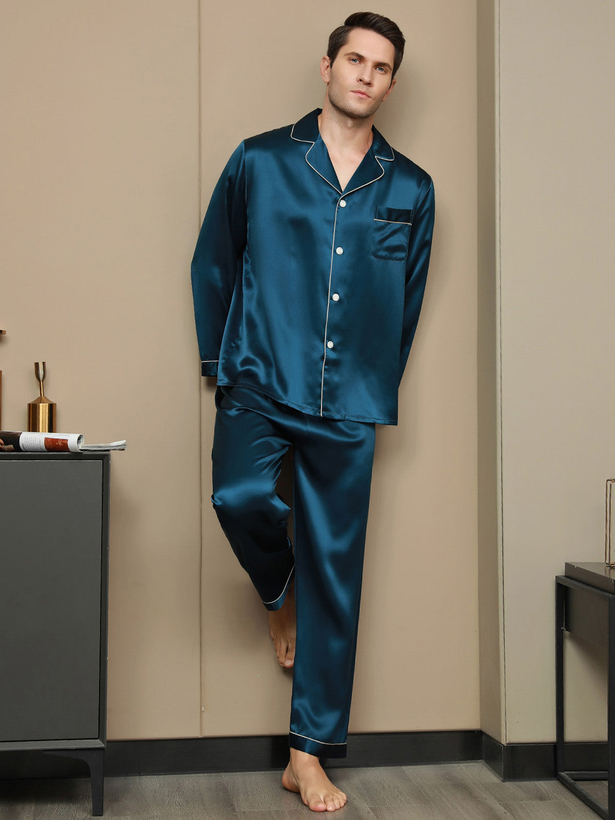 [Blågrøn] SilkSilky-DK 19Momme Mens Pajamas 004
