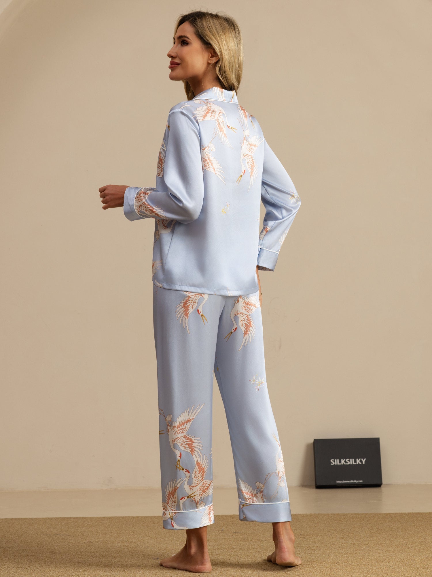 [Lyseblå] SilkSilky-DK 19Momme Langærmet Notchkrage Dame Pyjamas 002