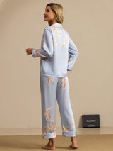 [Lyseblå] SilkSilky-DK 19Momme Langærmet Notchkrage Dame Pyjamas 002