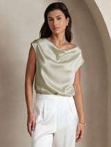 [Lysegrøn] SilkSilky-DK Cap Sleeve Cowl Neck T-shirt til kvinder 001