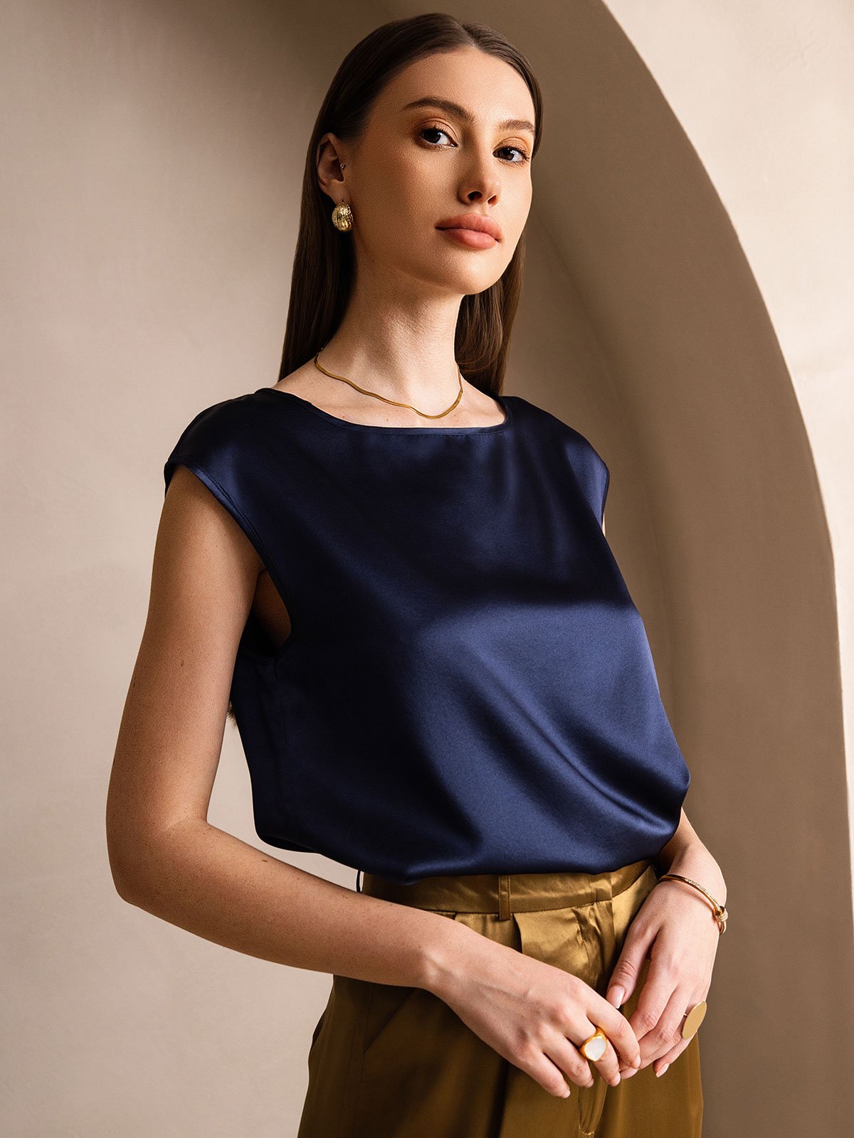 [Mørkeblå] SilkSilky-DK 19Momme Silke Womens T-Shirt 003