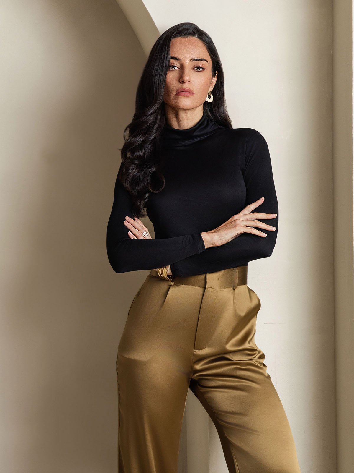 [Sort] SilkSilky-DK Langærmet Rullekrave T-shirt til kvinder 004