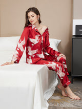 [Mørkerød] SilkSilky-DK 19Momme Langærmet Notchkrage Dame Pyjamas 007