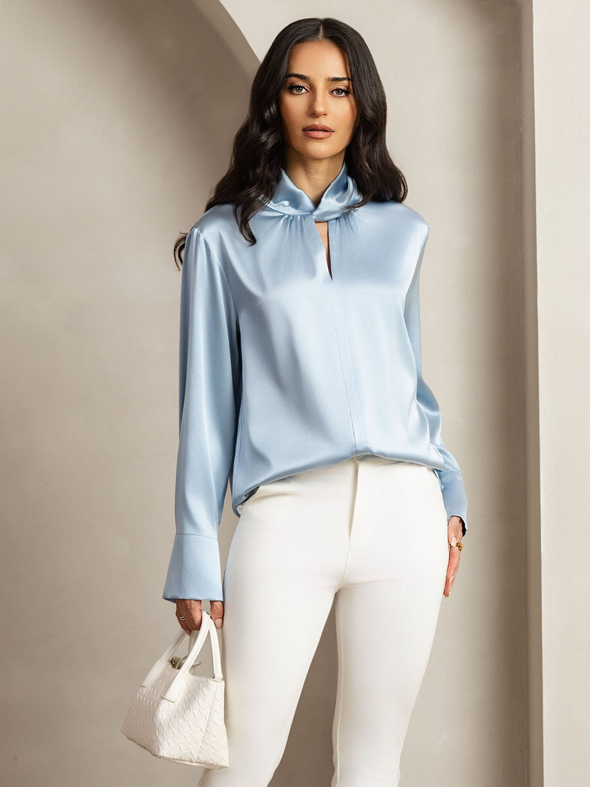 [Gråblå] SilkSilky-DK 19Momme Silke Womens Shirt 001