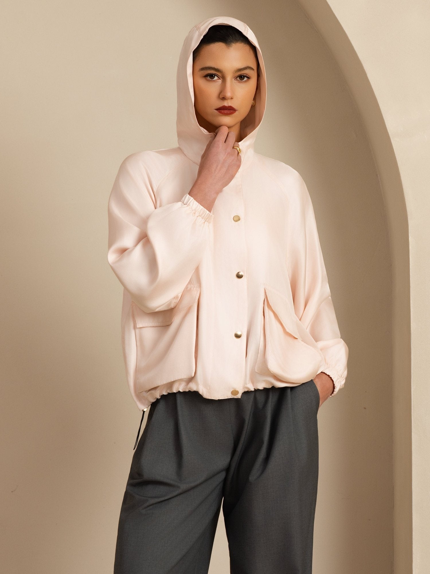 [Lyserød] SilkSilky-DK Langærmet Høj Hals Overtøj til Kvinder 005