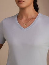 [Gråblå] SilkSilky-DK Short Sleeve V Neck T-shirt til kvinder 004